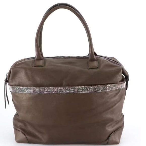 Eleventy Mocha Brown Leather Two-Way Tote Bag with Rhinestone Trim - Picture 1 of 4